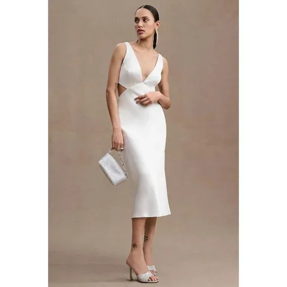 Bhldn Dresses | Bhldn Sachin & Babi Sierra V-Neck Cutout Satin Midi Dress in Ivory Size 12 | Color: White | Size: 12 | Lydiasigler's Closet
